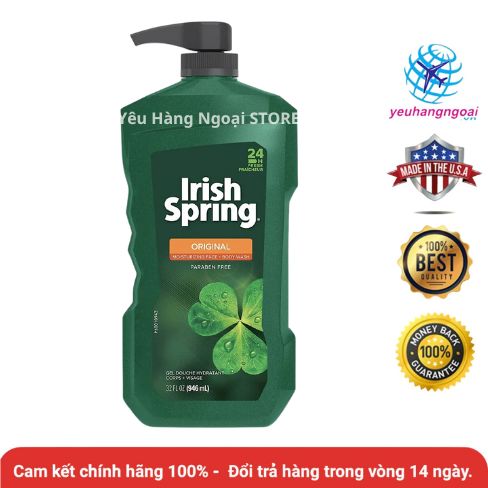 Sữa Tắm + Rửa Mặt Dành Cho Nam Irish Spring Original Moisturizing Face Body Wash 946ml Của Mỹ (Truyền Thống).